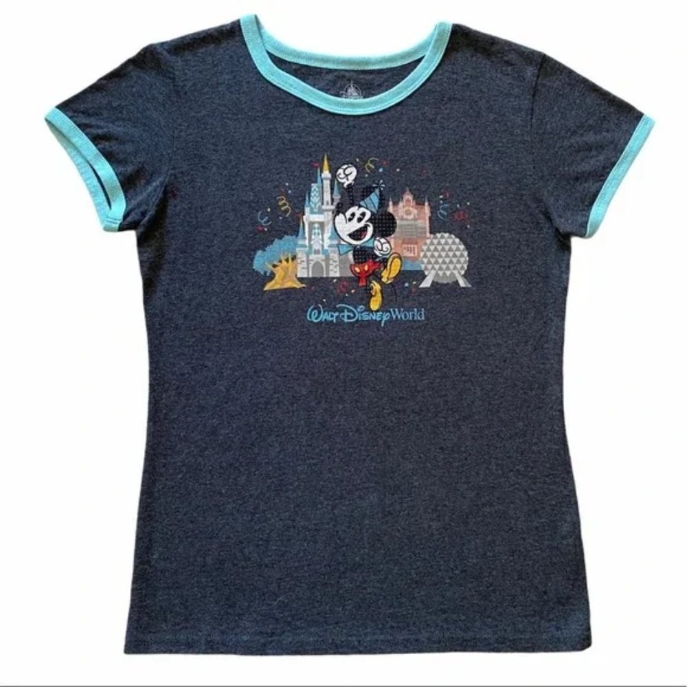 Disney Women's Short Sleeve Mickey Ringer Tee - Charcoal with Teal Trim